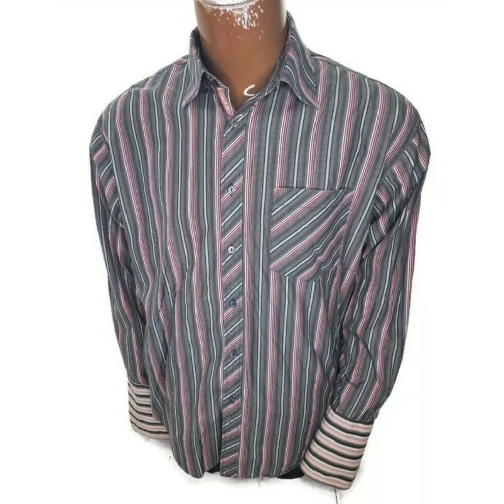 Bugatchi Uomo Mens Large Striped Button Down Shirt Grey Pink Long Sleeve